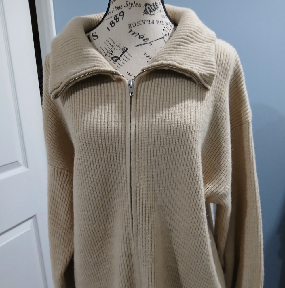 Beige Ribbed Zip-Up Sweater